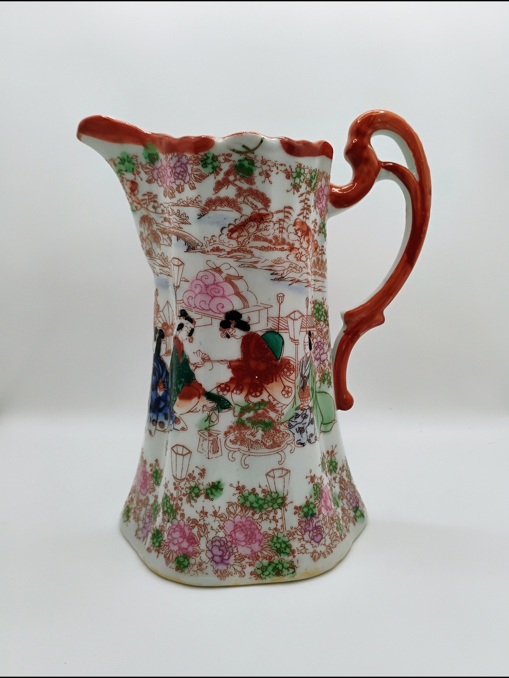Hand-Painted Japanese Floral Porcelain Pitcher with Red Handle